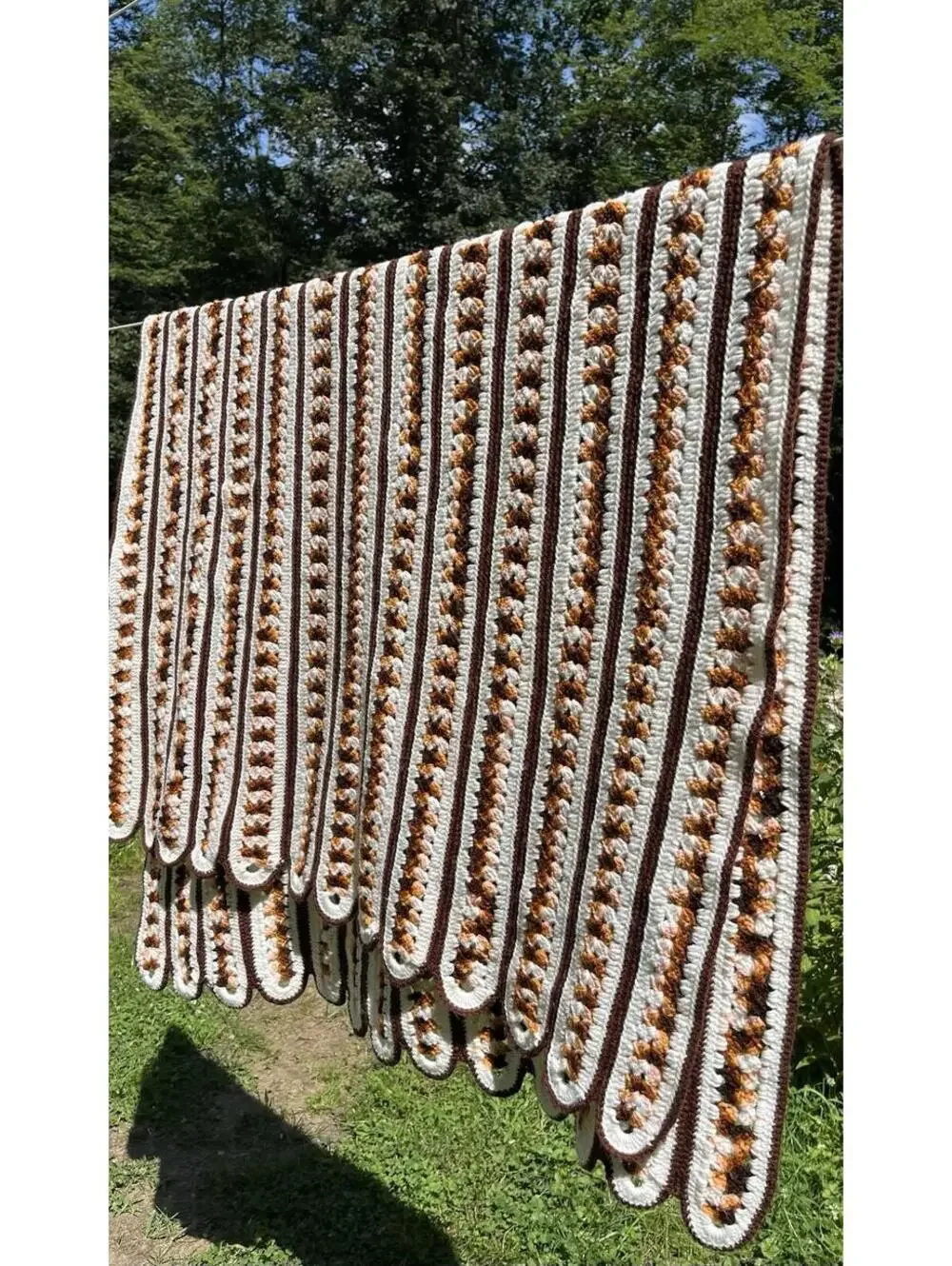 44x78” White Light Dark Brown Scalloped Edge Striped Afghan Neutral Color MCM